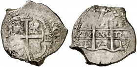 1673. Carlos II. Potosí. E. 2 reales. (Cal. 600). 7,05 g. Triple ensayador. Buen ejemplar. MBC.