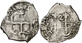1684. Carlos II. Potosí. V. 2 reales. (Cal. 613). 6,91 g. Triple fecha: dos parciales, y triple ensayador. (...)OSI visible y (...)EL PER(...). Acuñac...
