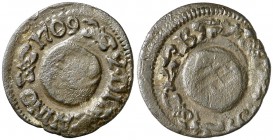 1709. Carlos III, Pretendiente. Barcelona. 1 ardit. (Cal. 48) (Cru.C.G. 5006a). 1,28 g. Acuñada sobre un ardit de Felipe IV. Escasa así. EBC.