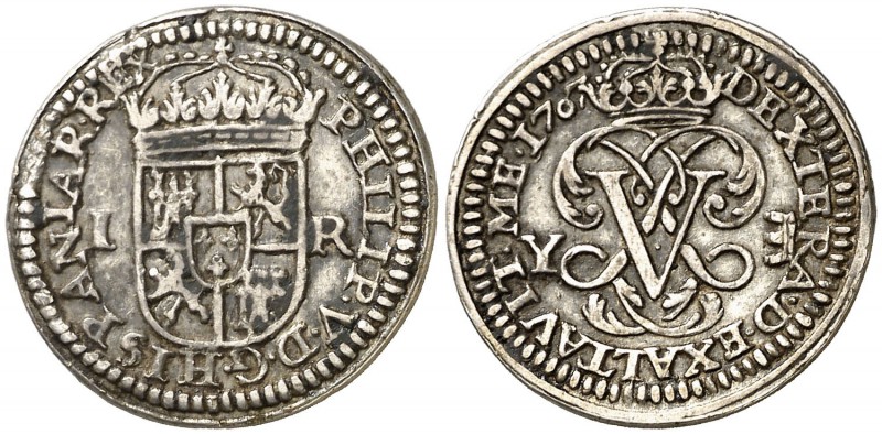 1707. Felipe V. Segovia. Y. 1 real. (Cal. 1687). 2,96 g. Segundo 7 de la fecha s...