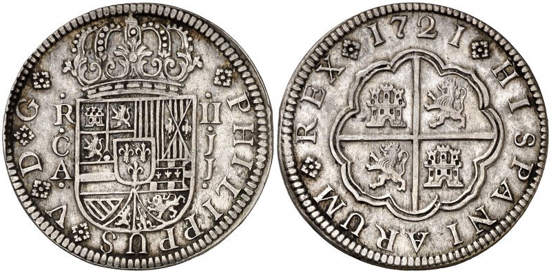 1721. Felipe V. Cuenca. JJ. 2 reales. (Cal. 1162). 5,49 g. MBC+.