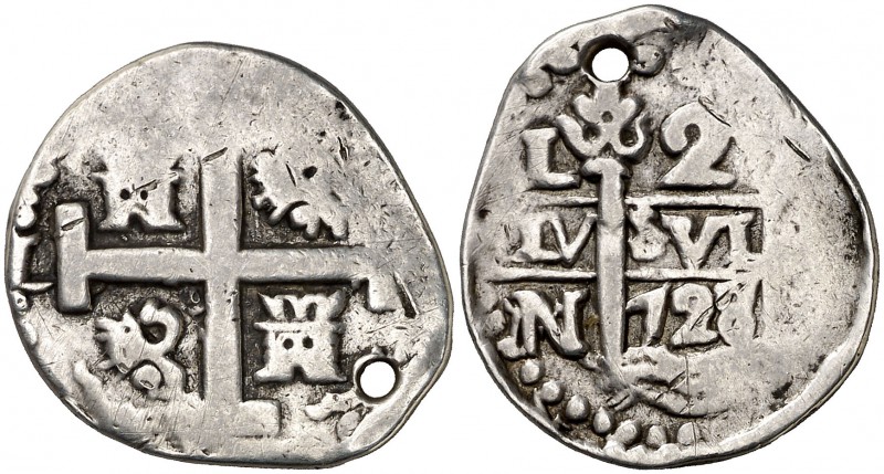 1728/7. Felipe V. Lima. N/M. 2 reales. (Cal. 1217 var). 5,49 g. Acuñada sobre 2 ...