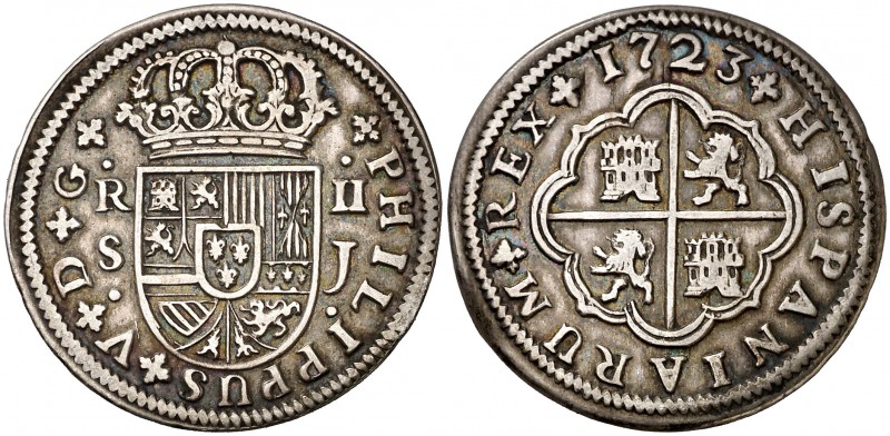 1723. Felipe V. Sevilla. J. 2 reales. (Cal. 1425). 5,64 g. MBC+.
