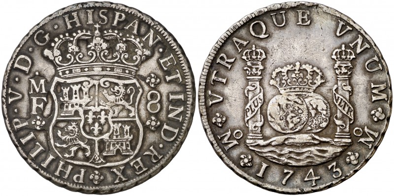 1743. Felipe V. México. MF. 8 reales. (Cal. 795). 26,88 g. Columnario. Leves mar...