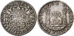 1743. Felipe V. México. MF. 8 reales. (Cal. 795). 26,88 g. Columnario. Leves marquitas. MBC.