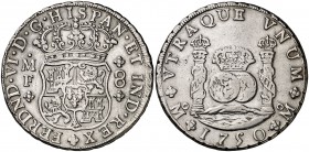 1750. Fernando VI. México. MF. 8 reales. (Cal. 325). 26,84 g. Columnario. Limpiada. (MBC-).