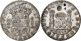 1756. Fernando VI. México. MM. 8 reales. (Cal. 340). 26,79 g. Columnario. Resellos orientales. Limpiada. (MBC+).