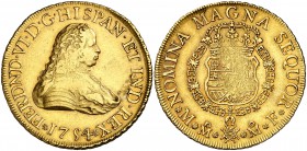 1754. Fernando VI. México. MF. 8 escudos. (Cal. 42) (Cal.Onza 605). 27,06 g. Leves rayitas de acuñación en reverso. Precioso color. MBC+.