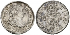 1775. Carlos III. Madrid. PJ. 1/2 real. (Cal. 1736). 1,46 g. Rayita. Atractiva. Escasa así. EBC-.