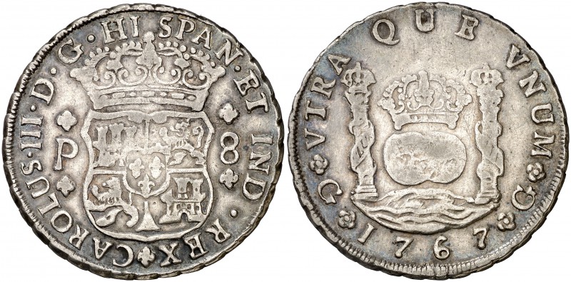 1767. Carlos III. Guatemala. P. 8 reales. (Cal. 816). 26,61 g. Columnario. Bonit...