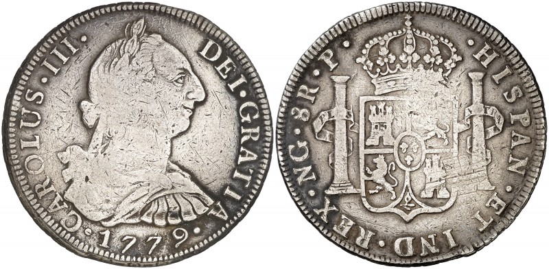 1779. Carlos III. Guatemala. P. 8 reales. (Cal. 827). 26,66 g. Rayitas y golpeci...