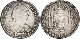 1779. Carlos III. Guatemala. P. 8 reales. (Cal. 827). 26,66 g. Rayitas y golpecitos. Escasa. (MBC-).