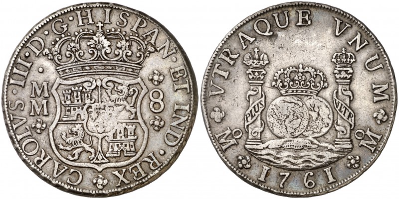 1761. Carlos III. México. MM. 8 reales. (Cal. 888). 27,08 g. Columnario. Leves m...