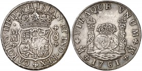 1761. Carlos III. México. MM. 8 reales. (Cal. 888). 27,08 g. Columnario. Leves marquitas. MBC+.