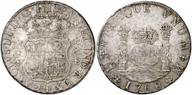 1768. Carlos III. México. MF. 8 reales. (Cal. 908). 26,81 g. Columnario. Manchitas. MBC.