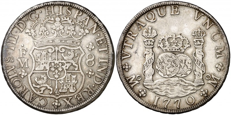 1770. Carlos III. México. FM. 8 reales. (Cal. 912). 26,51 g. Columnario. MBC / M...