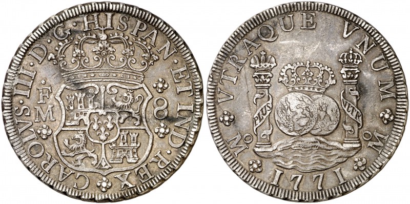 1771. Carlos III. México. FM. 8 reales. (Cal. 914). 26,79 g. Columnario. Rayitas...
