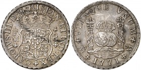 1771. Carlos III. México. FM. 8 reales. (Cal. 914). 26,79 g. Columnario. Rayitas. Buen ejemplar. Pátina. MBC+.