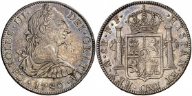 1780. Carlos III. México. FF. 8 reales. (Cal. 930). 26,95 g. Leves marquitas. Bella. Pátina. Escasa así. EBC-.