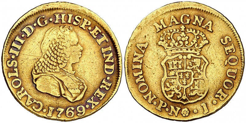 1769. Carlos III. Popayán. J. 2 escudos. (Cal. 499) (Restrepo 58-14). 6,66 g. Bu...