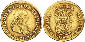 1769. Carlos III. Popayán. J. 2 escudos. (Cal. 499) (Restrepo 58-14). 6,66 g. Busto de Fernando VI. Bonito color. Rayitas. Rara. MBC.