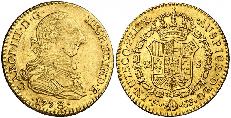 1773. Carlos III. Sevilla. CF. 2 escudos. (Cal. 575). 6,76 g. Leves marquitas. M...