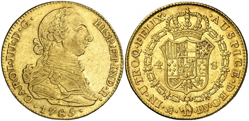 1785. Carlos III. Madrid. DV. 4 escudos. (Cal. 310). 13,42 g. Parte de brillo or...
