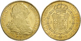 1772. Carlos III. Madrid. PJ. 8 escudos. (Cal. 51) (Cal.Onza 720). 26,96 g. Golpecitos. Rara y más así. (EBC/EBC+).
