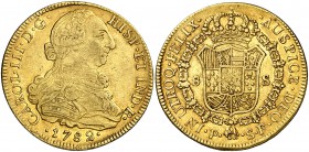 1782. Carlos III. Popayán. SF. 8 escudos. (Cal. 135) (Cal.Onza 817) (Restrepo 73-31a). 26,95 g. Sin punto entre IN y UTROQ. MBC/MBC+.