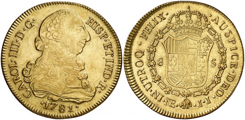1781. Carlos III. Santa Fe de Nuevo Reino. JJ. 8 escudos. (Cal. 189) (Cal.Onza 8...