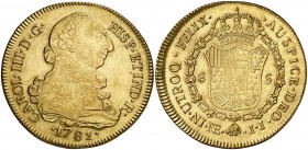 1781. Carlos III. Santa Fe de Nuevo Reino. JJ. 8 escudos. (Cal. 189) (Cal.Onza 883) (Restrepo 72.23). 26,89 g. Leves rayitas. MBC+.