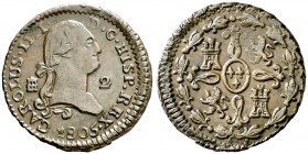 1805. Carlos IV. Segovia. 2 maravedís. (Cal. 1537). 2,63 g. Bonito color. Ex Áureo 17/04/2002, nº 701. Escasa. EBC-.