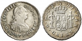 1796. Carlos IV. Lima. IJ. 1/2 real. (Cal. 1251). 1,77 g. Preciosa pátina. EBC.