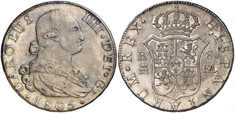 1805. Carlos IV. Madrid. FA. 8 reales. (Cal. 675). 27,27 g. Leves marquitas. Pát...