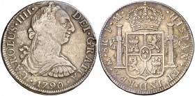 1790. Carlos IV. México. FM. 8 reales. (Cal. 683). 26,39 g. Busto de Carlos III. Ordinal del rey IIII. Pátina. Escasa. MBC- / MBC.
