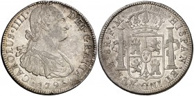 1795. Carlos IV. México. FM. 8 reales. (Cal. 689). 26,71 g. Leves marquitas. Parte de brillo original. MBC+.