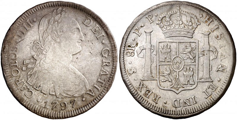 1797. Carlos IV. Potosí. PP. 8 reales. (Cal. 720). 26,76 g. Escasa. MBC/MBC+.
