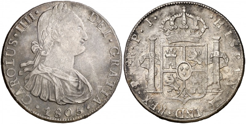 1805. Carlos IV. Potosí. PJ. 8 reales. (Cal. 729). 27 g. Pátina. MBC+/EBC-.