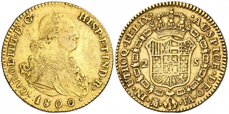 1800. Carlos IV. Madrid. FA. 2 escudos. (Cal. 340). 6,64 g. Hojitas. MBC-/MBC.