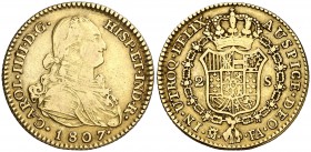 1807. Carlos IV. Madrid. FA. 2 escudos. (Cal. 350). 6,72 g. Rayitas. MBC-/MBC.