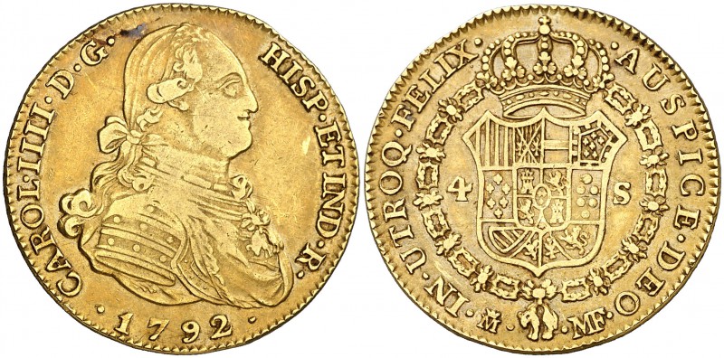 1792. Carlos IV. Madrid. MF. 4 escudos. (Cal. 202). 13,43 g. Bonito color. MBC/M...