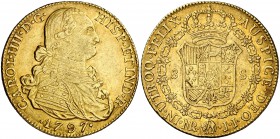 1797. Carlos IV. Santa Fe de Nuevo Reino. JJ. 8 escudos. (Cal. 127) (Cal.Onza 1129) (Restrepo 97-16a). 27,01 g. Sin punto delante de CAROL. MBC.