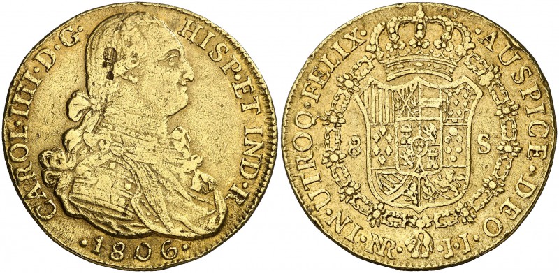 1806. Carlos IV. Santa Fe de Nuevo Reino. JJ. 8 escudos. (Cal. 142) (Cal.Onza 11...