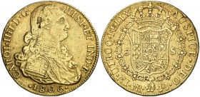 1806. Carlos IV. Santa Fe de Nuevo Reino. JJ. 8 escudos. (Cal. 142) (Cal.Onza 1146) (Restrepo 97-36a). 26,73 g. Sin punto después de la R al final de ...