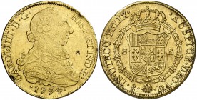 1794. Carlos IV. Santiago. DA. 8 escudos. (Cal. 153) (Cal.Onza 1158). 27 g. Golpecitos. (MBC).