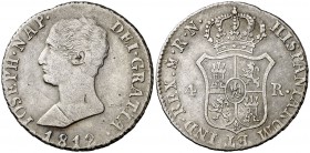 1812. José Napoleón. Madrid. RN. 4 reales. (Cal. 59). 5,82 g. Rayitas. Ex Colección Moratín, Áureo 16/12/1999, nº 1837. Rara. BC+/MBC-.