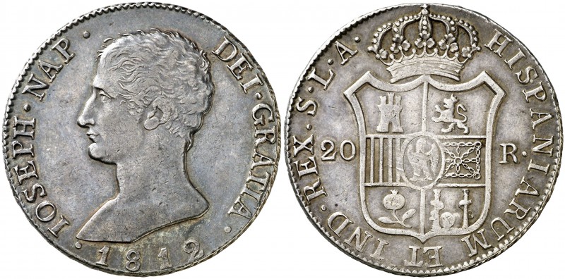 1812. José Napoleón. Sevilla. LA. 20 reales. (Cal. 35). 26,97 g. Leves rayitas e...