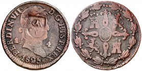 1825. Fernando VII. Segovia. 4 maravedís. 4,38 g. Resello carlista CARV. Rara. MBC-.