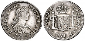 1813. Fernando VII. México. JJ. 1/2 real. (Cal. 1344). 1,67 g. Busto imaginario. Leves rayitas. Buen ejemplar. EBC-.