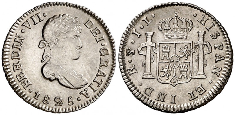 1825. Fernando VII. Potosí. JL. 1/2 real. (Cal. 1380). 1,73 g. Atractiva. Rara a...